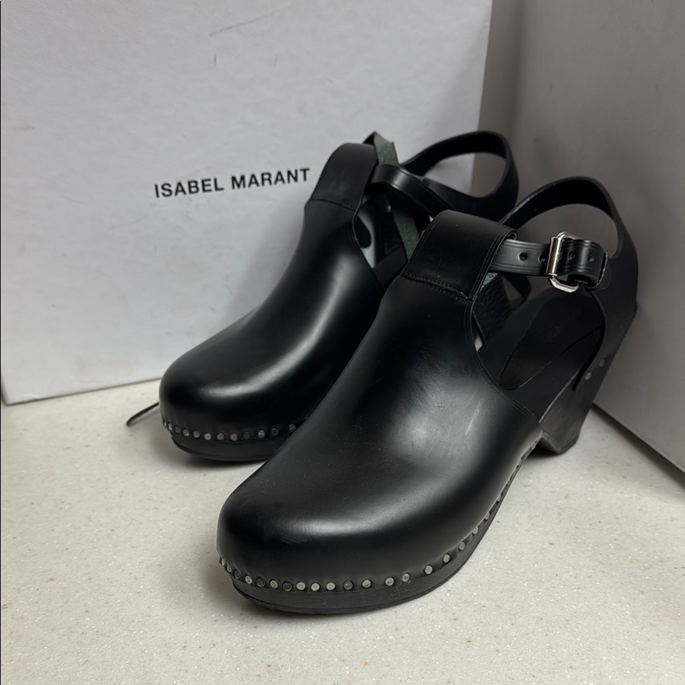 Isabel Marant Black Leather Clogs with Stud Detailing